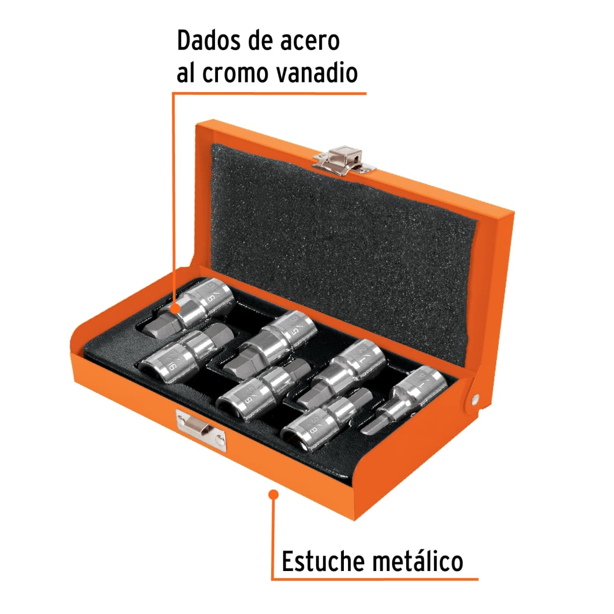 Juego de 7 dados punta hex encastre 1/2'' std estuche metálico Truper2