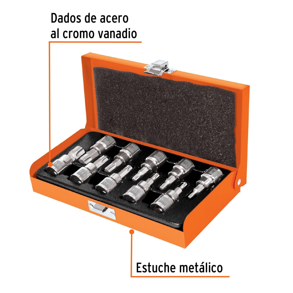 Juego de 10 dados de punta torx encastre 3/8'' estuche metálico Truper2