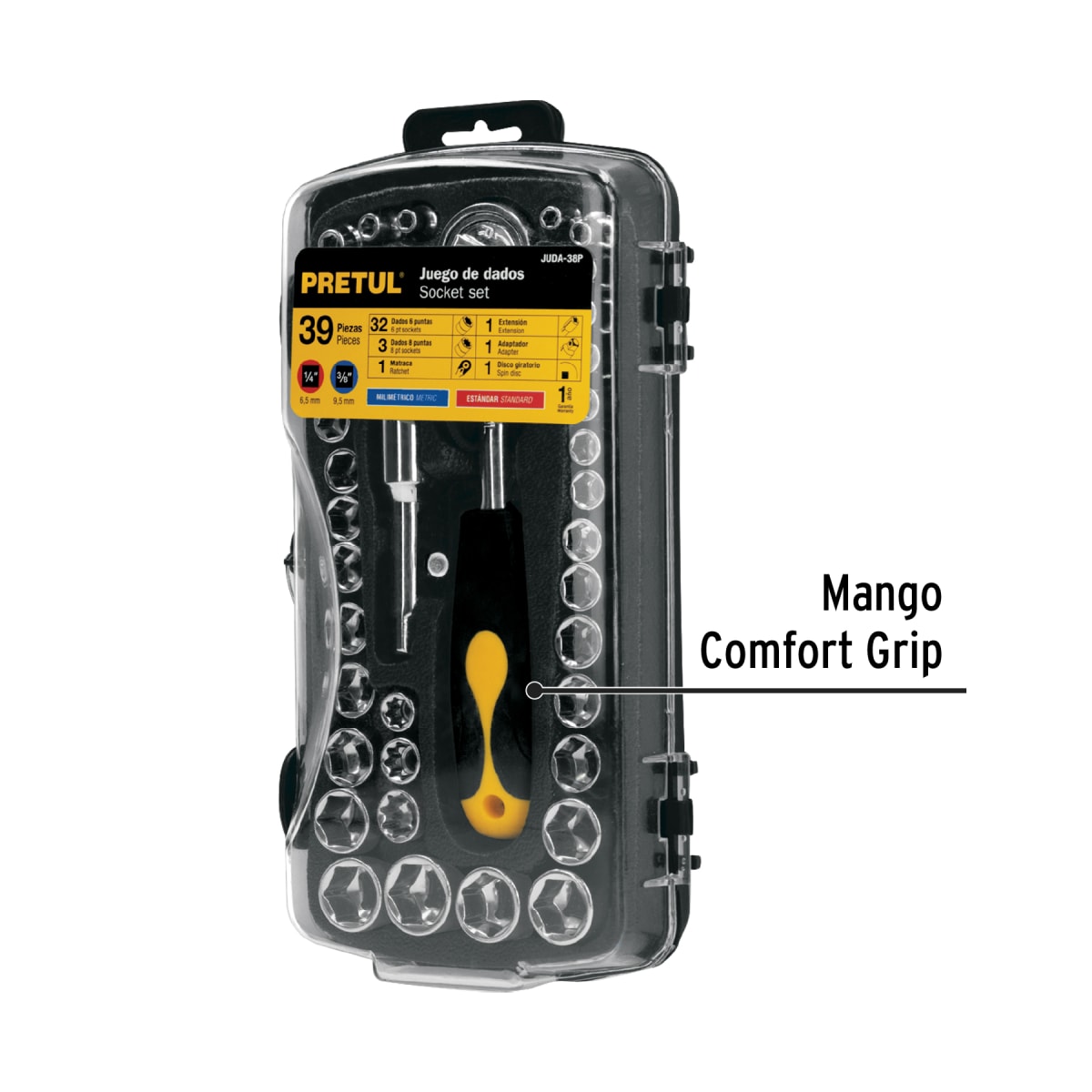 Juego de 39 herramientas con ratchet comfort grip Pretul4