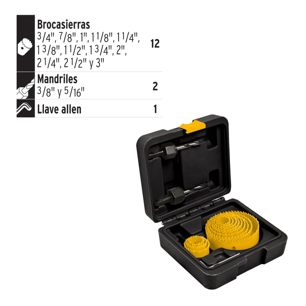 Juego de 12 sierras copa, 2 guías y llave allen, Pretul2