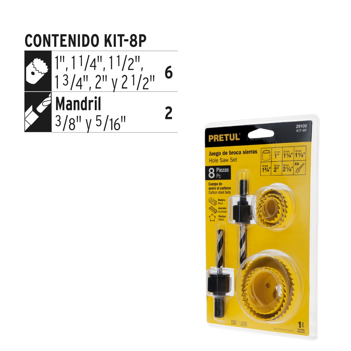 Juego de 7 brocasierras acero al carbono y 1 mandril, Pretul3