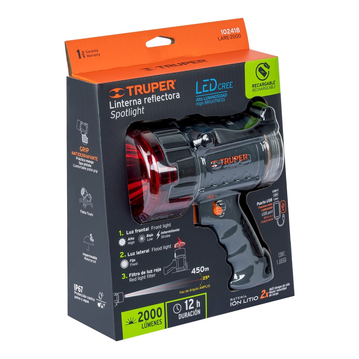 Lámpara de led 2000 lm recargable alta potencia, truper8