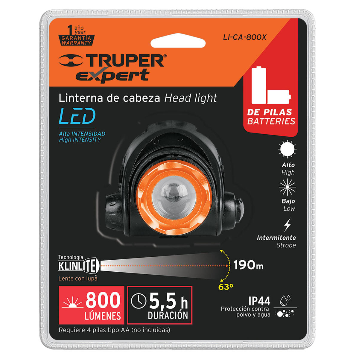 Linterna de cabeza 800 lm de 4 pilas AA Truper Expert6