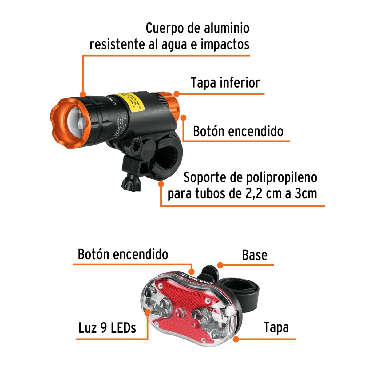 Juego de linterna delantera y trasera para bicicleta Truper2