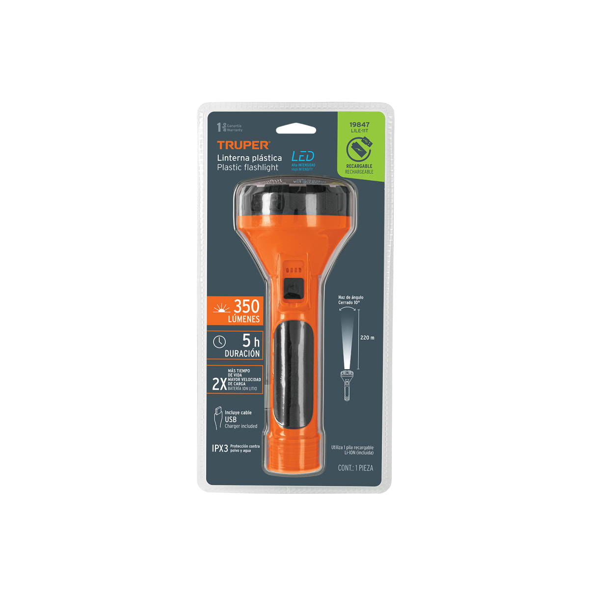 Linterna plástica 1 led 200 lm recargable, truper7
