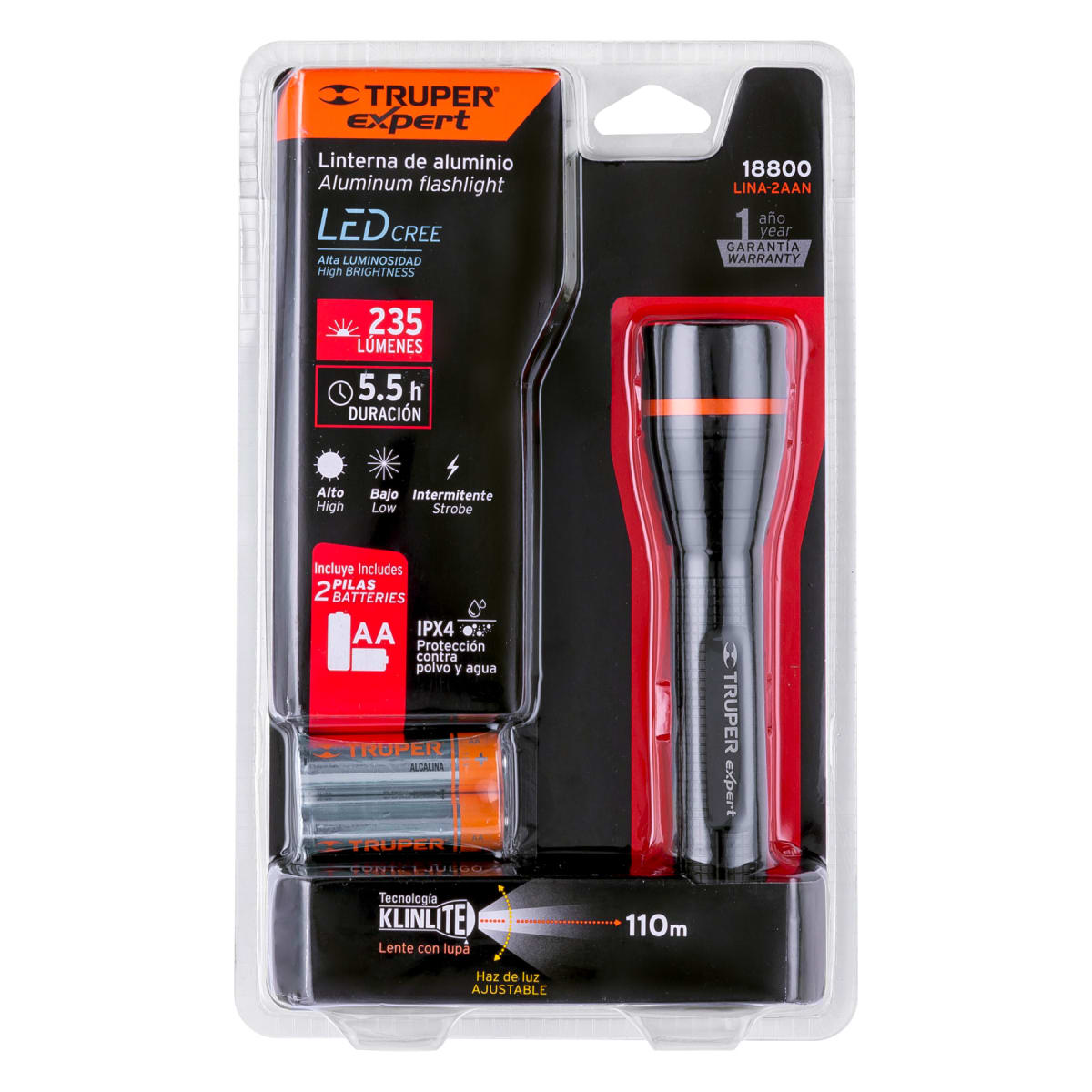 Linterna de aluminio led cree 235 lm con 2 pilas aa - Truper8