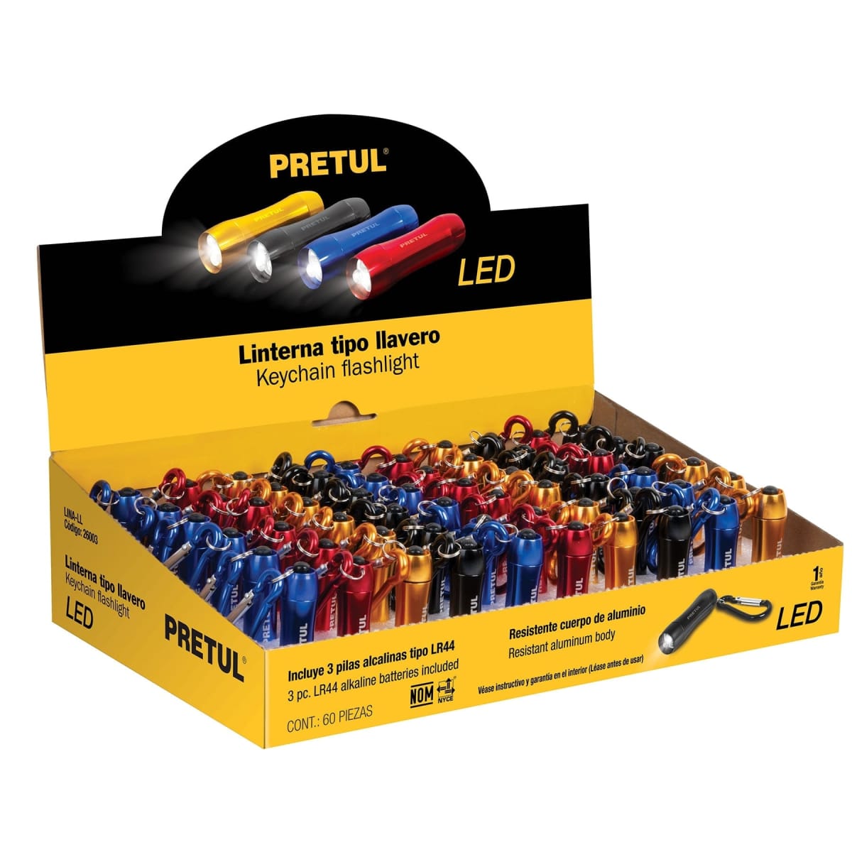 Caja de llaveros tipo linterna con LED, incluye pila LR44 60 Pzas Pretul4
