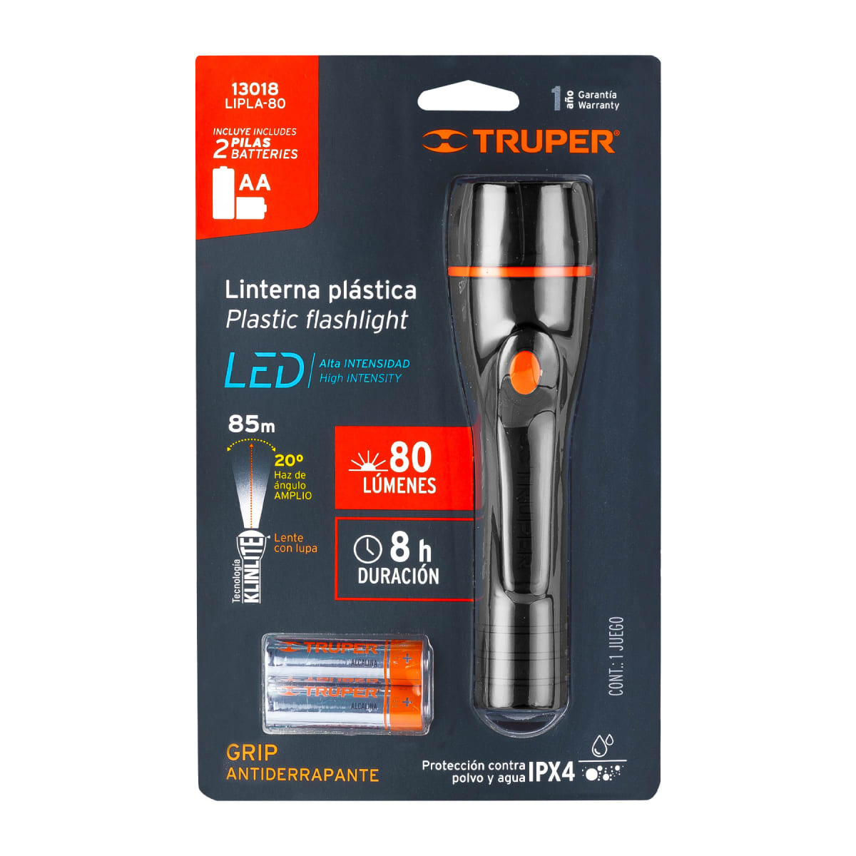 Linterna de plástico 1 led 80 lm con 2 pilas AA Truper9