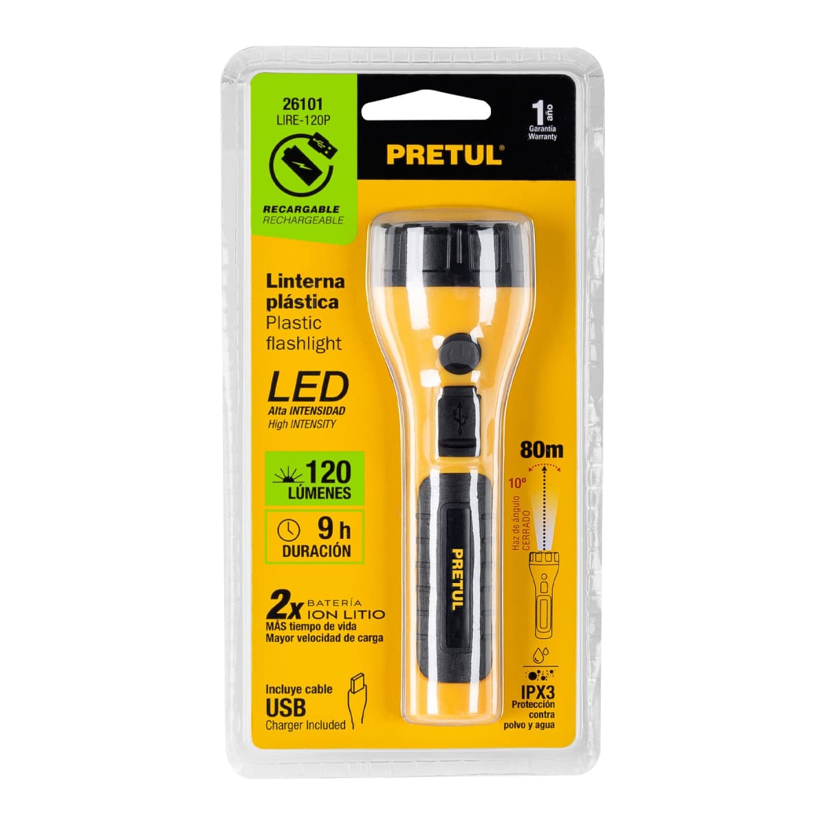 Linterna plástica recargable de led, 120 lúmenes Pretul6