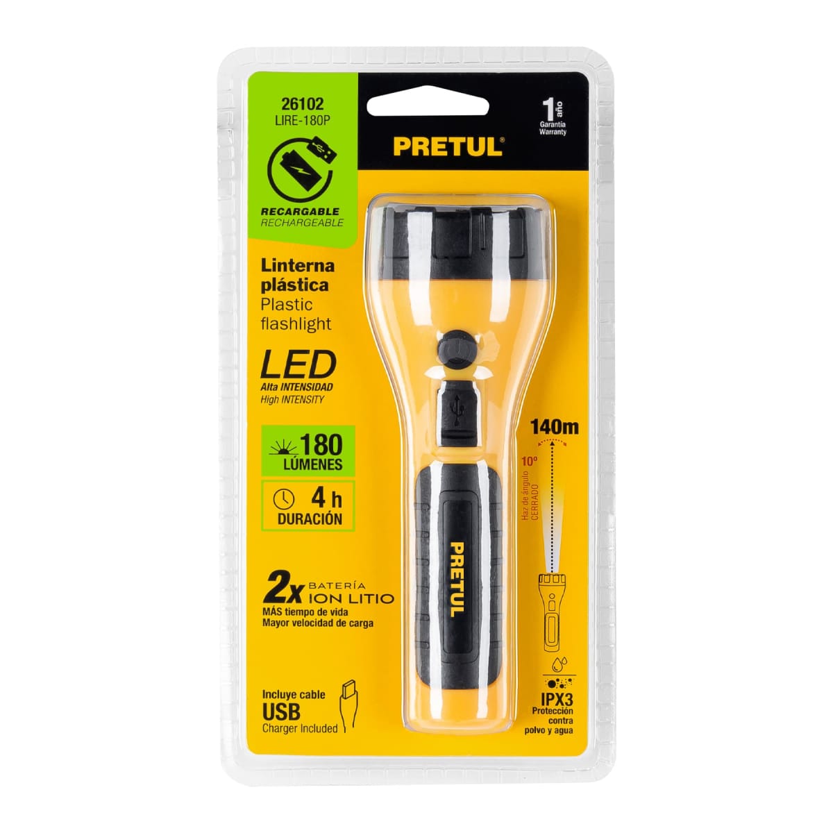 Linterna plástica recargable de led, 180 lúmenes Pretul8