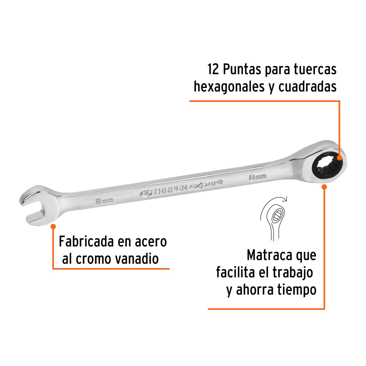 Llave mixta con ratchet 8 mm x 136 mm largo, Expert Truper2