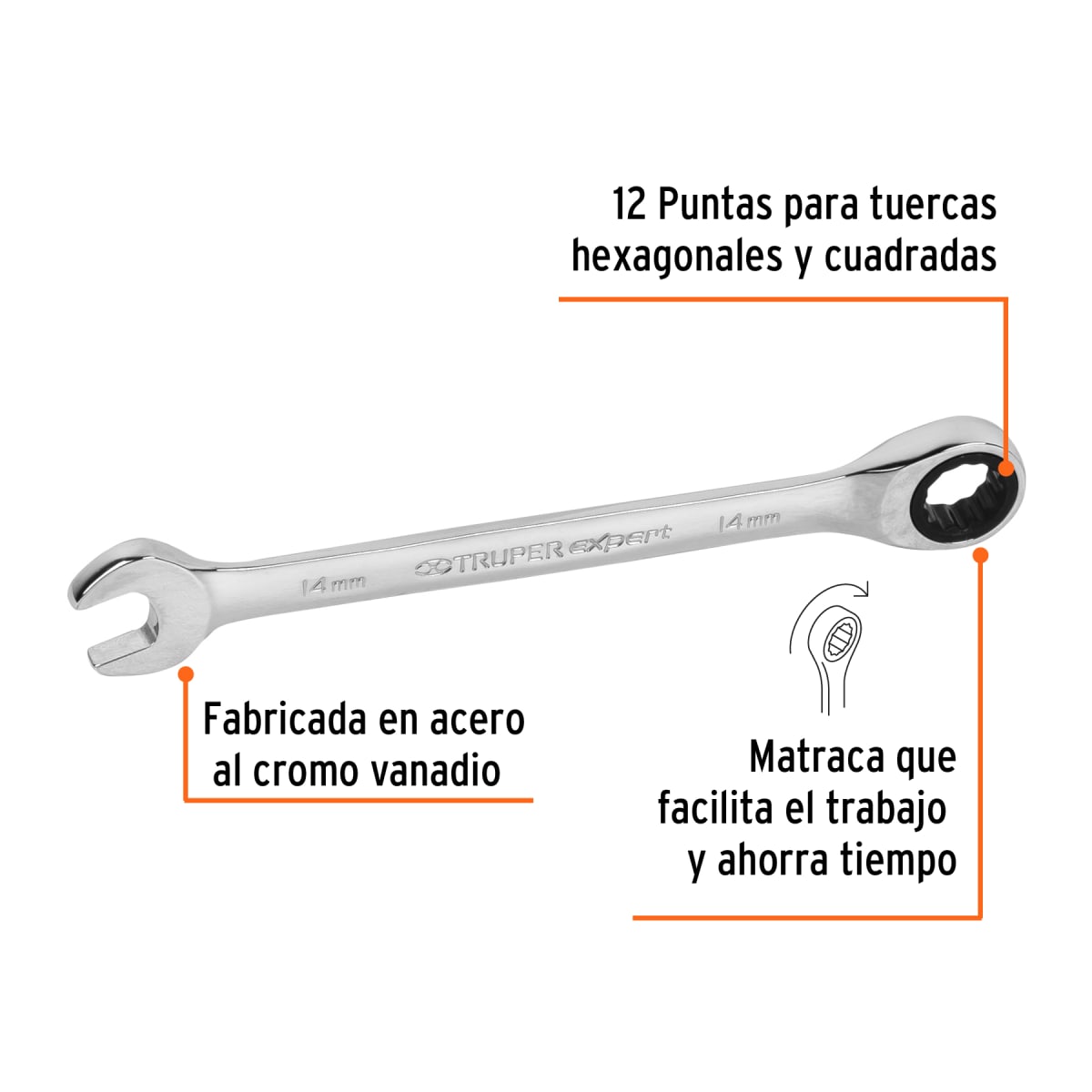 Llave mixta con ratchet 14 mm x 186 mm largo, Expert Truper2