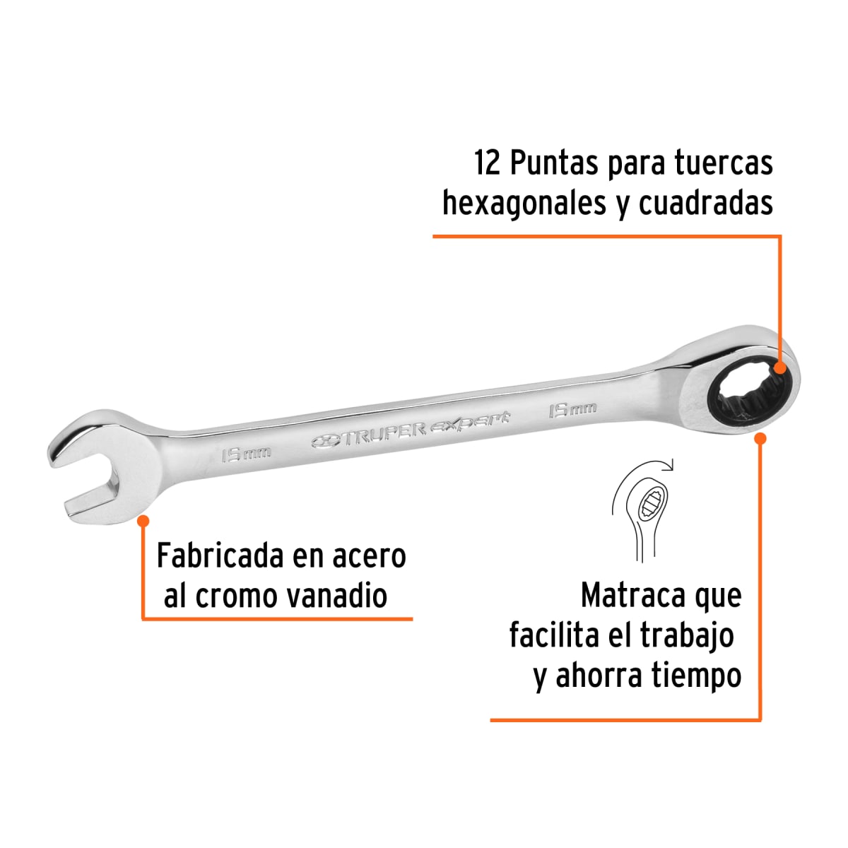 Llave mixta con ratchet 15 mm x 194 mm largo expert Truper2