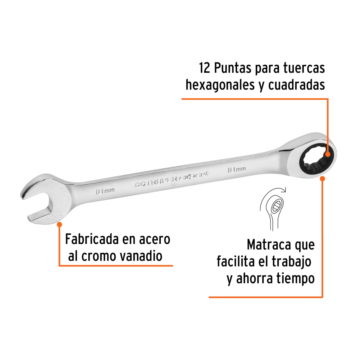 Llave mixta con ratchet 18 mm x 230 mm largo, Expert Truper2