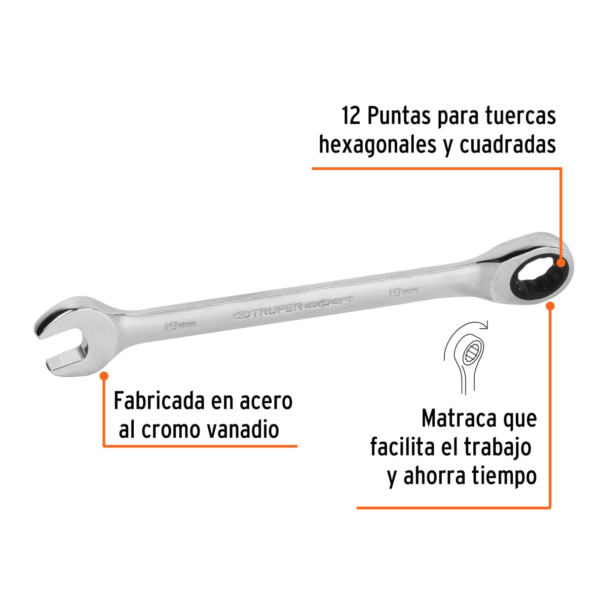 Llave mixta con ratchet 19 mm x 237 mm largo expert Truper3