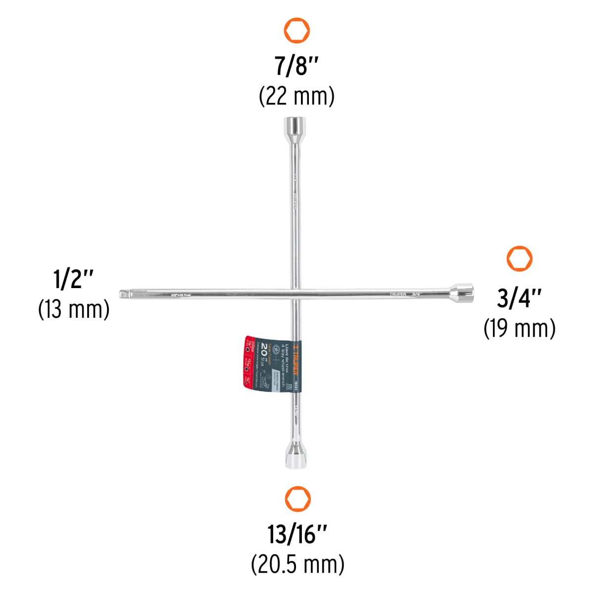 Llave de cruz 20'' pulida y cromada con entrada cuadro 1/2'' Truper3