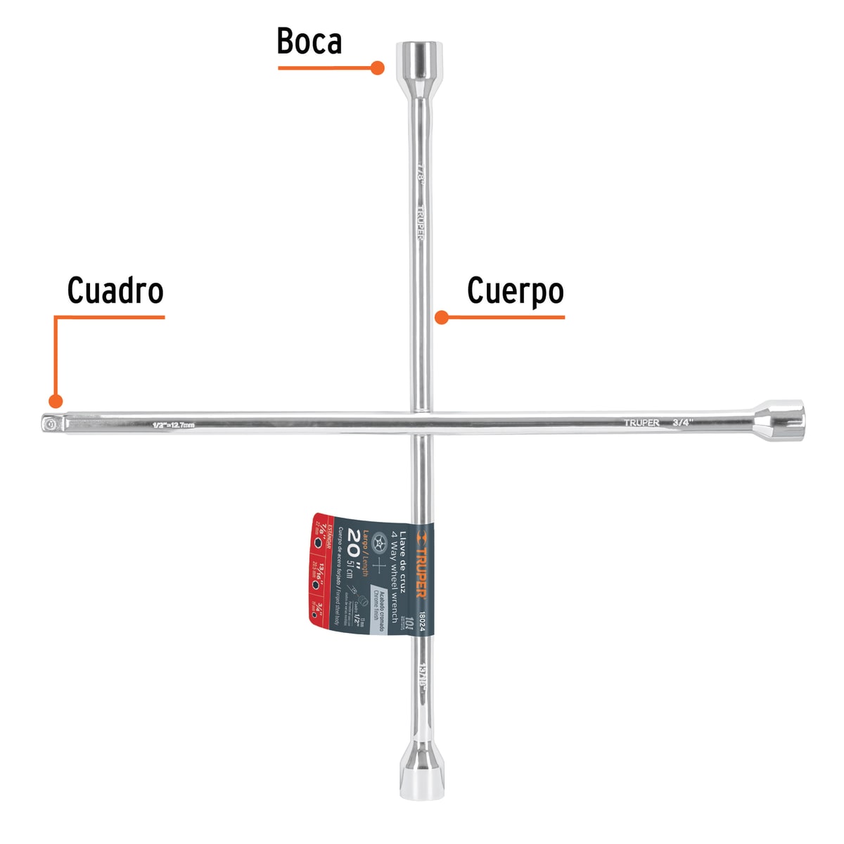 Llave de cruz 20'' pulida y cromada con entrada cuadro 1/2'' Truper2