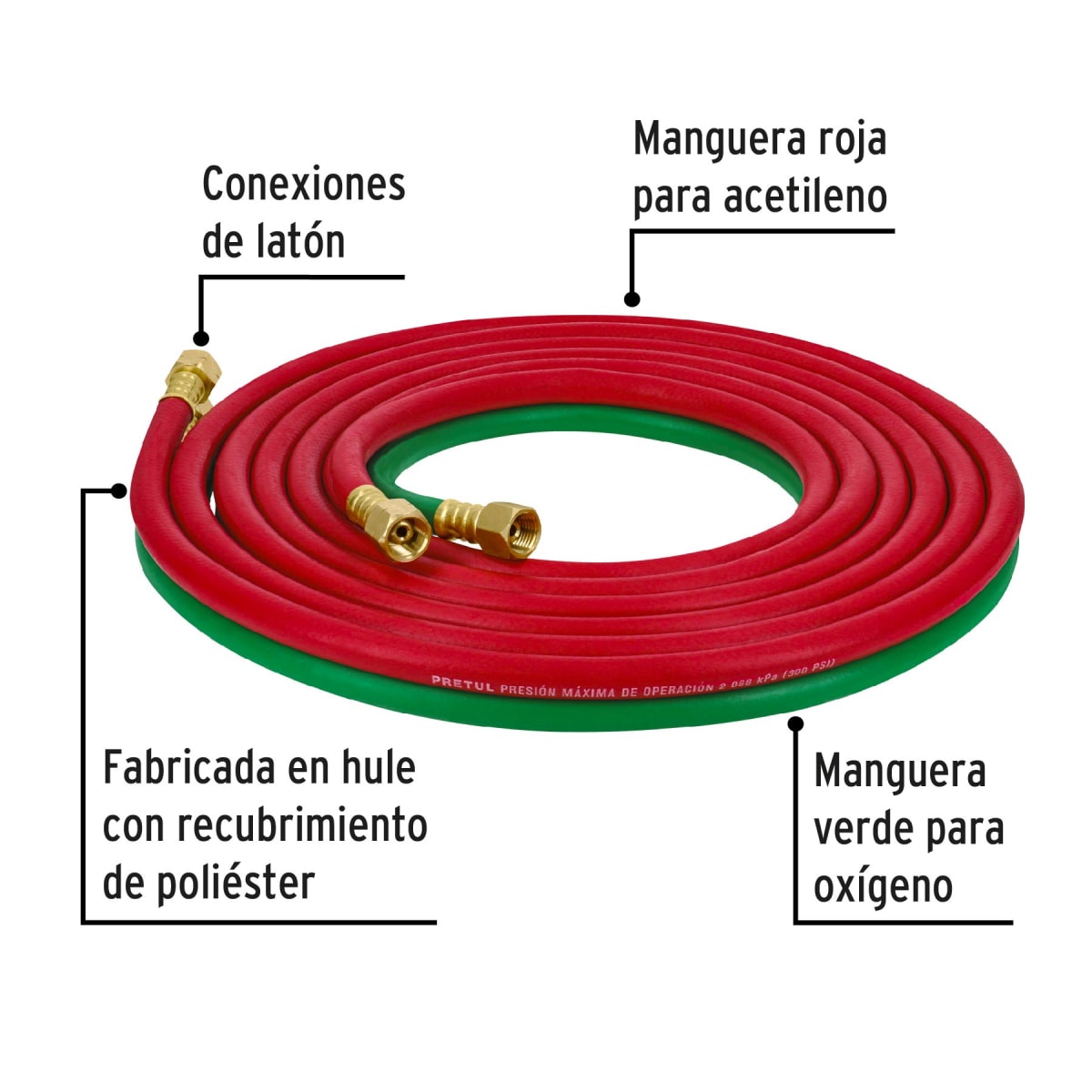 Manguera cuata reforzada de 4.5 m para oxiacetileno Pretul3