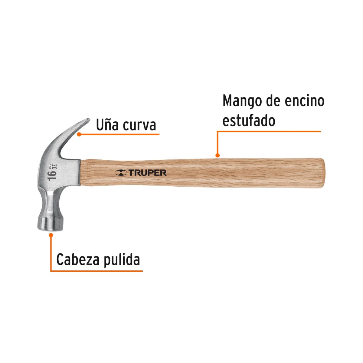 Martillo pulido 16 oz uña curva, mango madera2