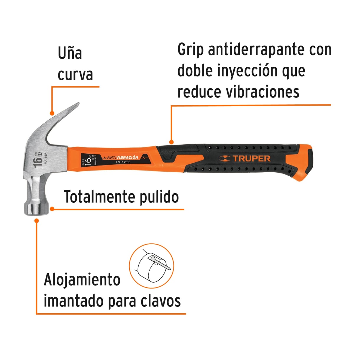Martillo 16 oz uña curva, mango fibra de vidrio, Truper2