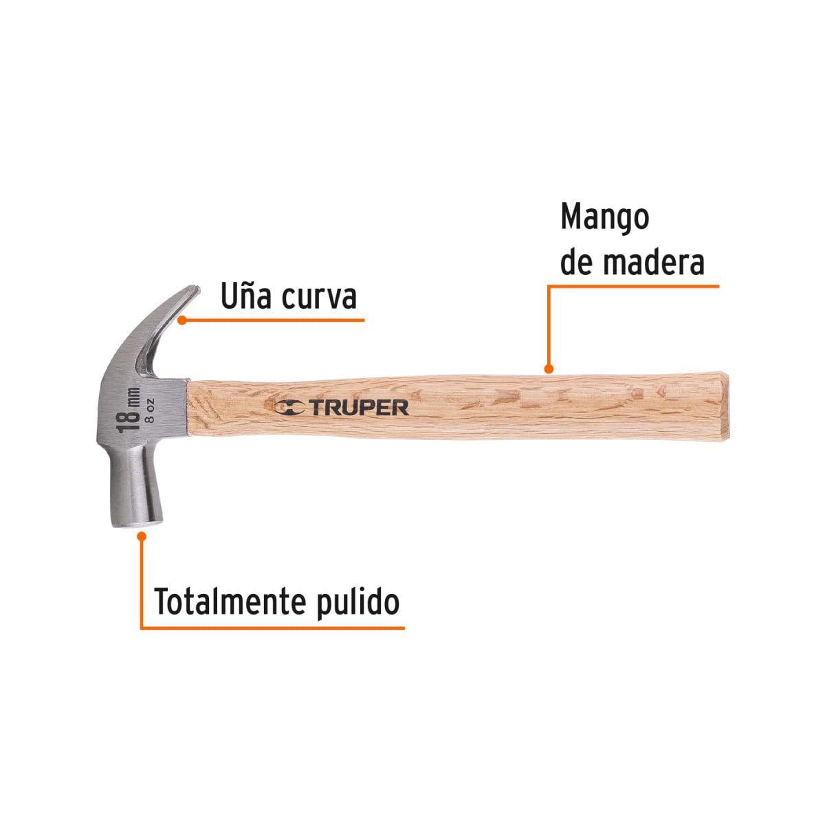 Martillo cabeza cónica 18 mm uña curva. mango madera. truper2