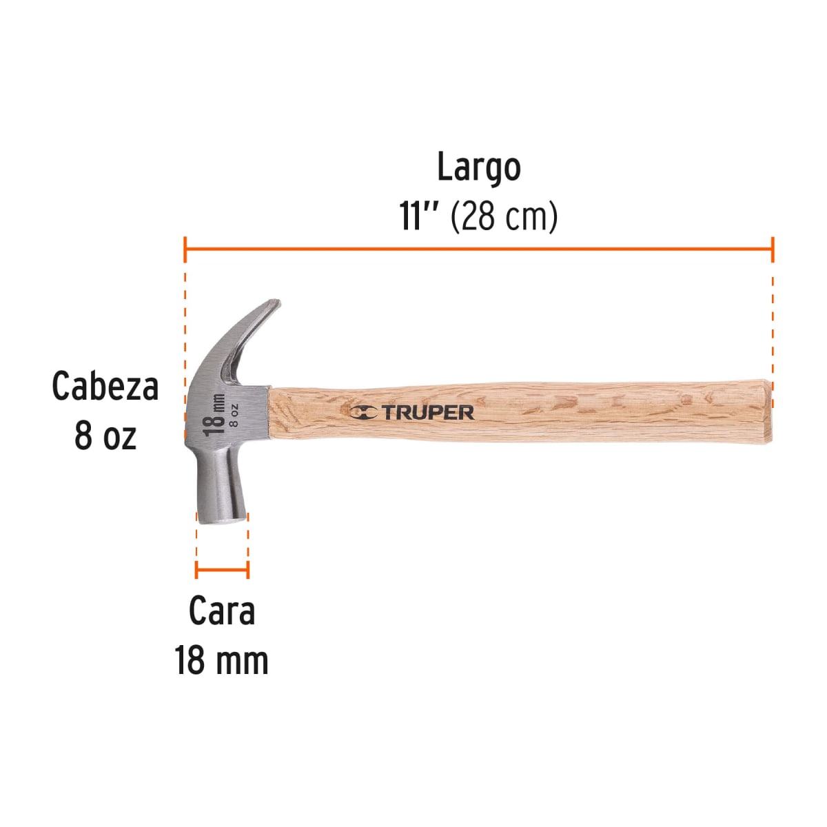 Martillo cabeza cónica 18 mm uña curva. mango madera. truper3
