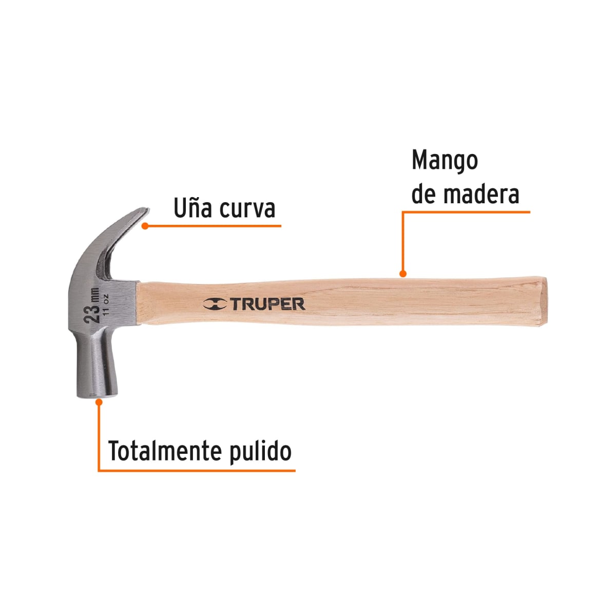 Martillo cabeza cónica 23 mm uña curva mango madera Truper2
