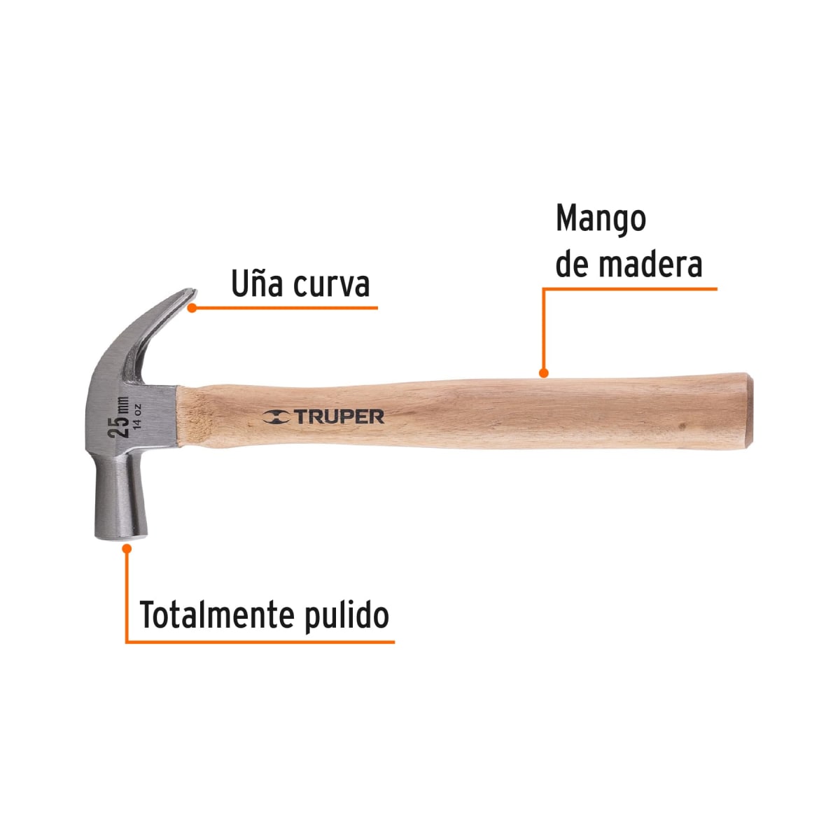 Martillo cabeza cónica 25 mm uña curva. mango madera. truper2