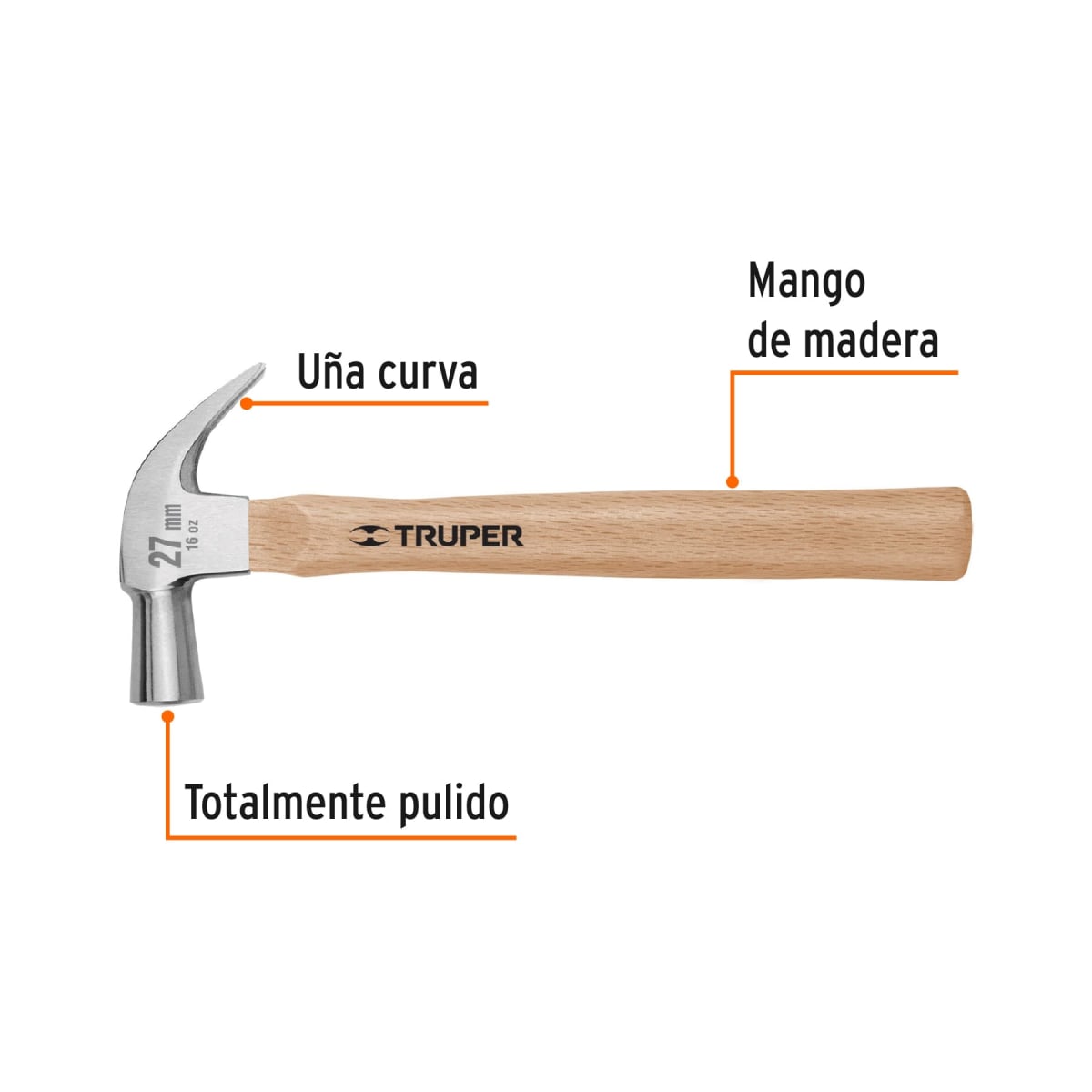 Martillo cabeza cónica 27 mm uña curva. mango madera. truper2