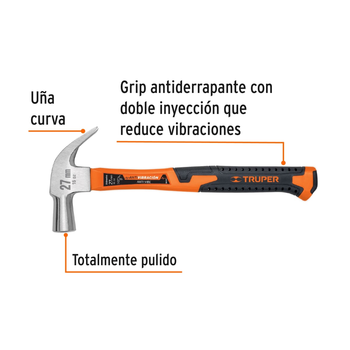 Martillo cabeza cónica 27 mm uña curva mango fibra vidrio Truper2