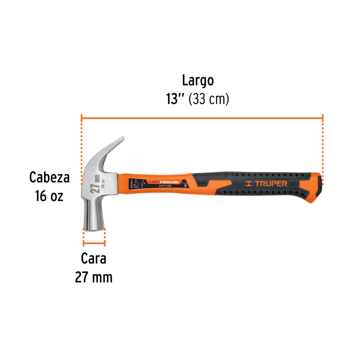 Martillo cabeza cónica 27 mm uña curva mango fibra vidrio Truper3