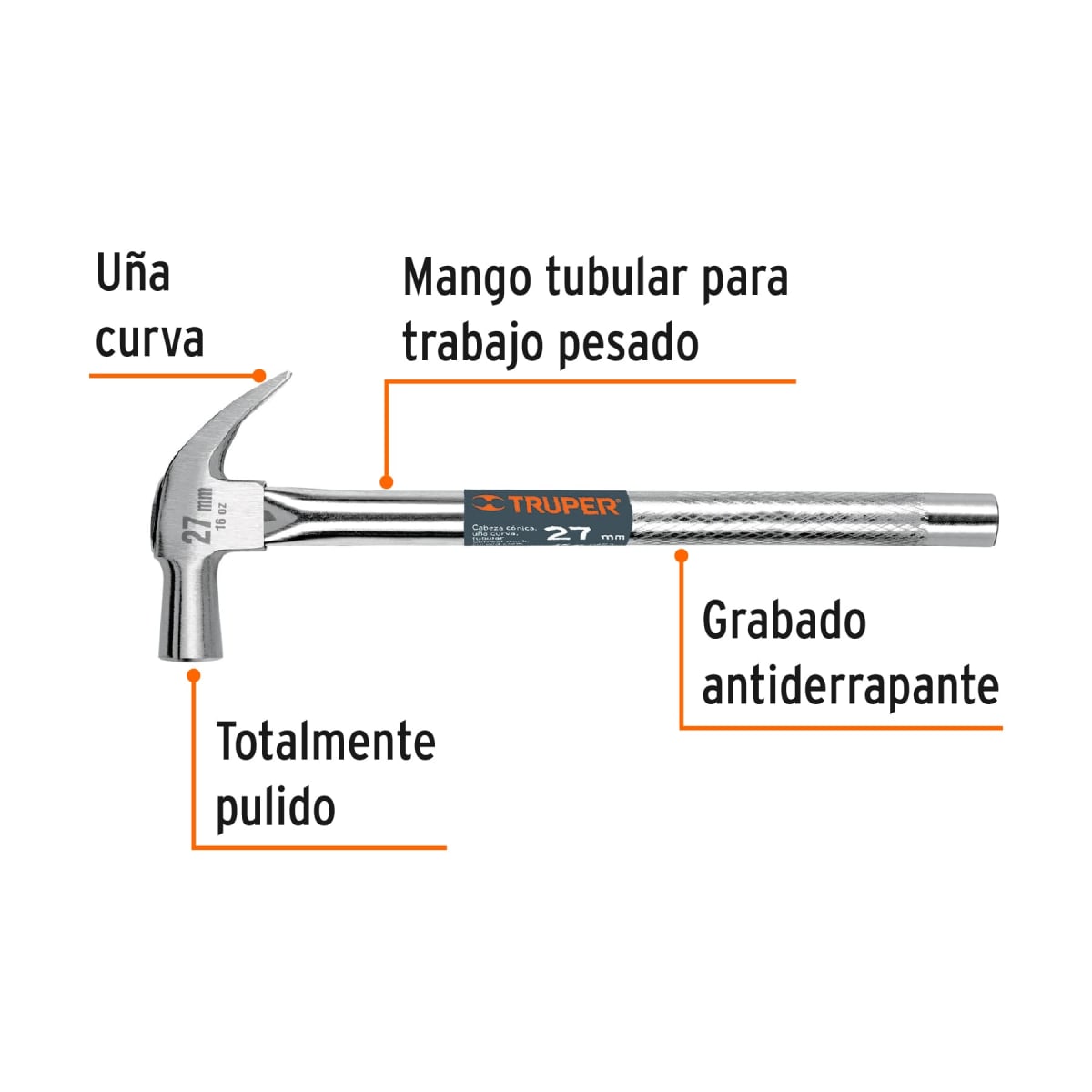 Martillo cabeza cónica 27 mm uña curva mango tubular Truper2