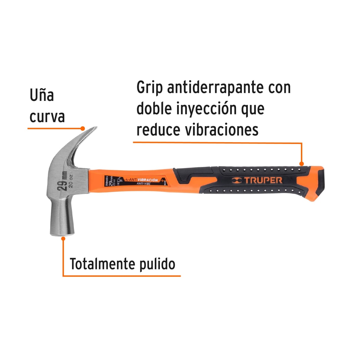 Martillo cabeza cónica 29 mm uña curva mango fibra vidrio Truper2