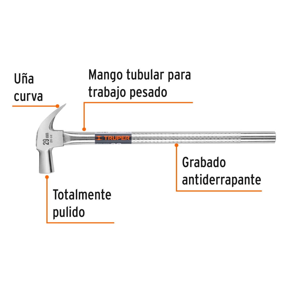 Martillo cabeza cónica 29 mm uña curva mango tubular Truper2