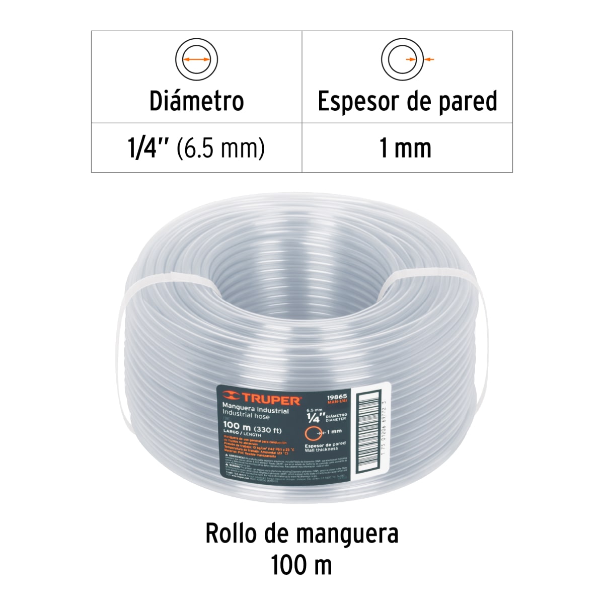 Manguera industrial de nivel 1/4 rollo por 100 metros2