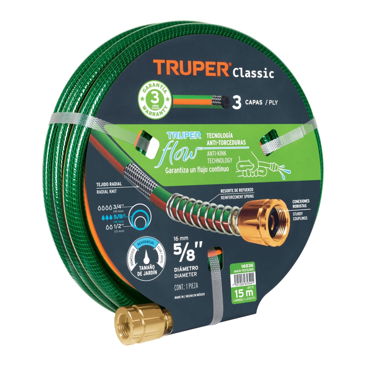 Manguera 5/8´´ reforzada 3 capas 15 m conexiones de metal Truper1