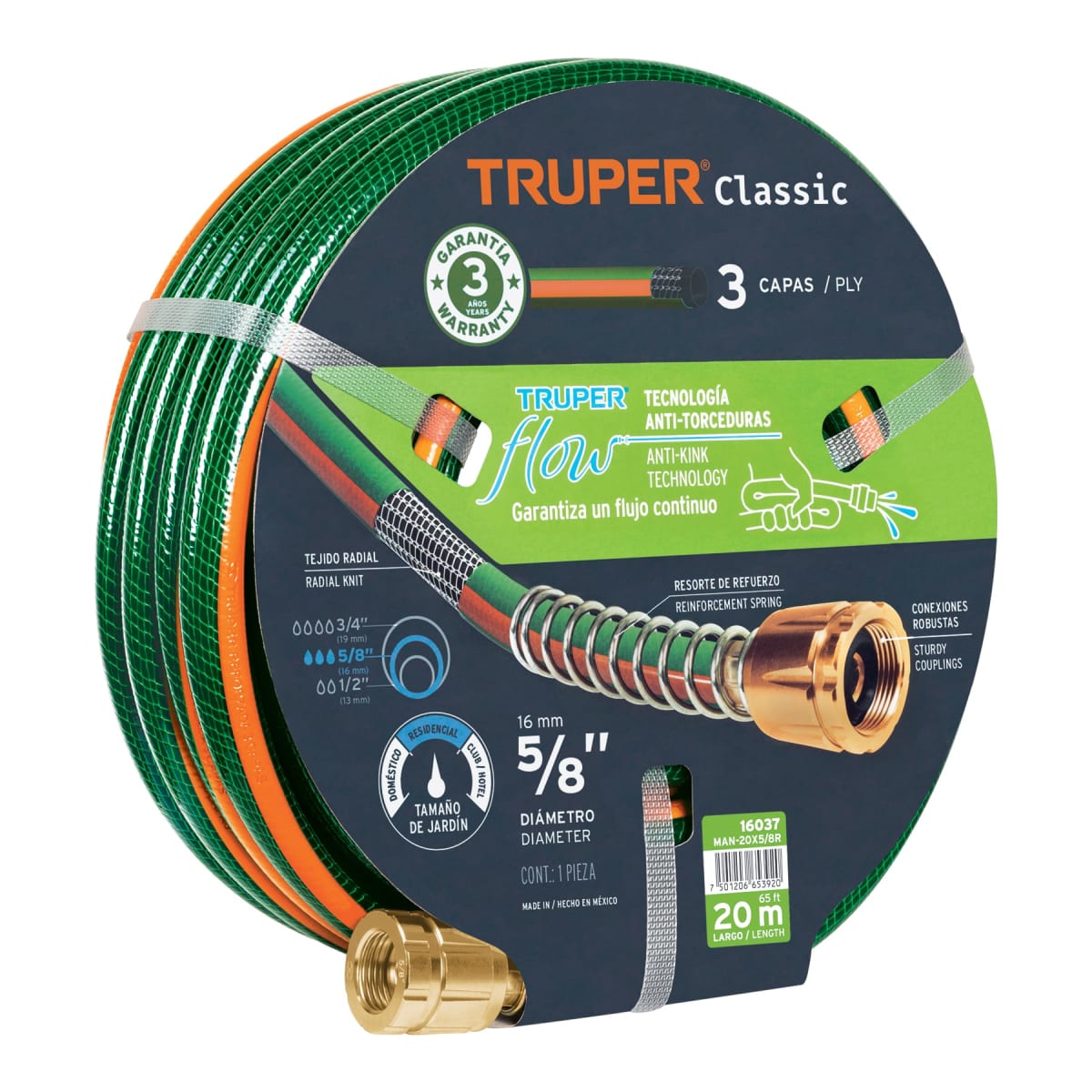 Manguera 5/8´´ reforzada 3 capas 20 m conexiones de metal Truper1