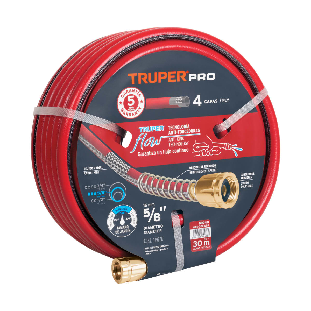 Manguera 5/8´´ super reforzada 4 capas 30 m conexiones metal Truper1
