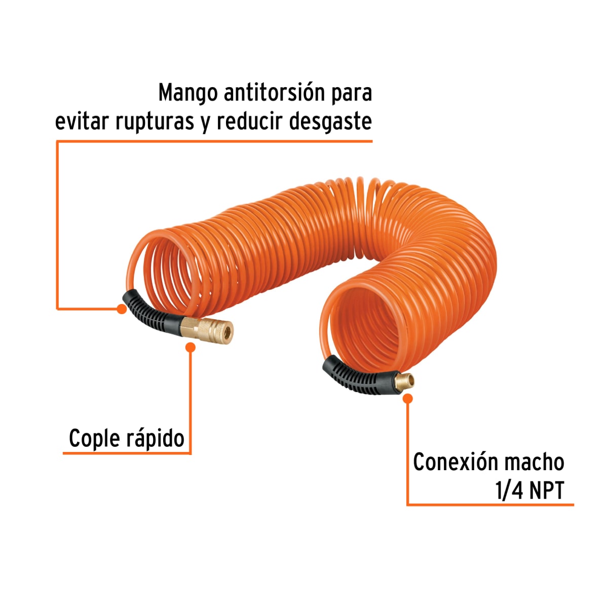 Manguera tipo resorte para compresor, 15 m x 1/4