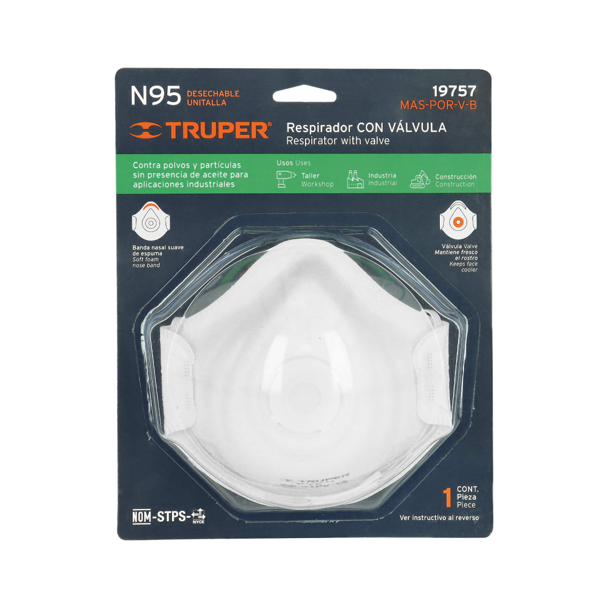Respirador N95 con válvula para polvos y partículas, Truper3