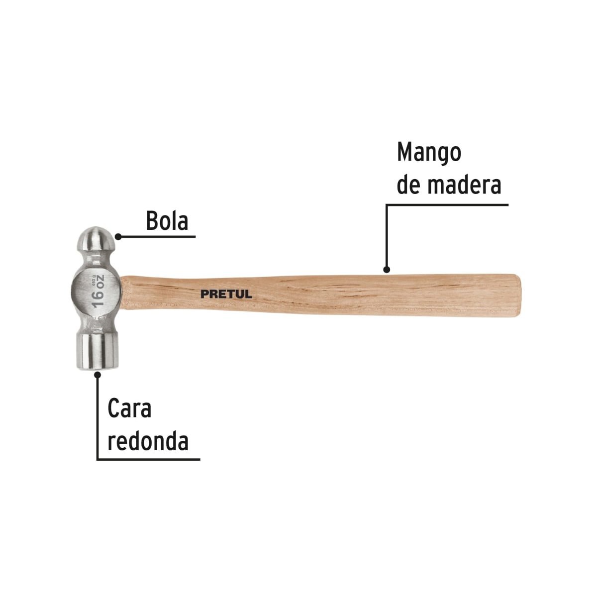 Martillo pulido de bola 16 oz mango madera. pretul2