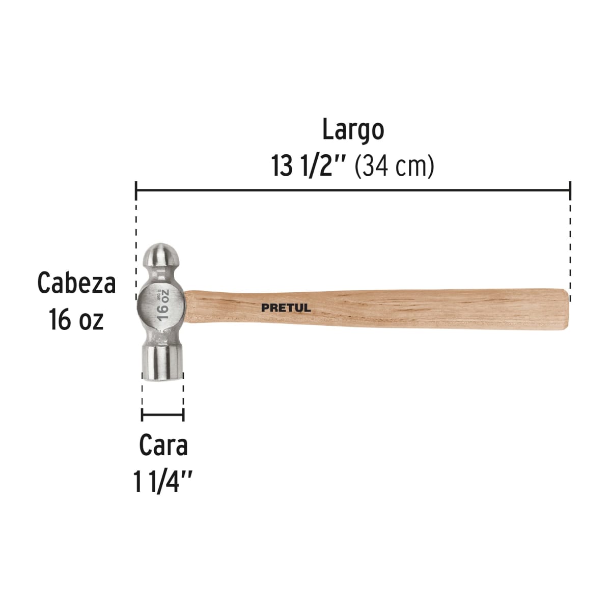 Martillo pulido de bola 16 oz mango madera. pretul3