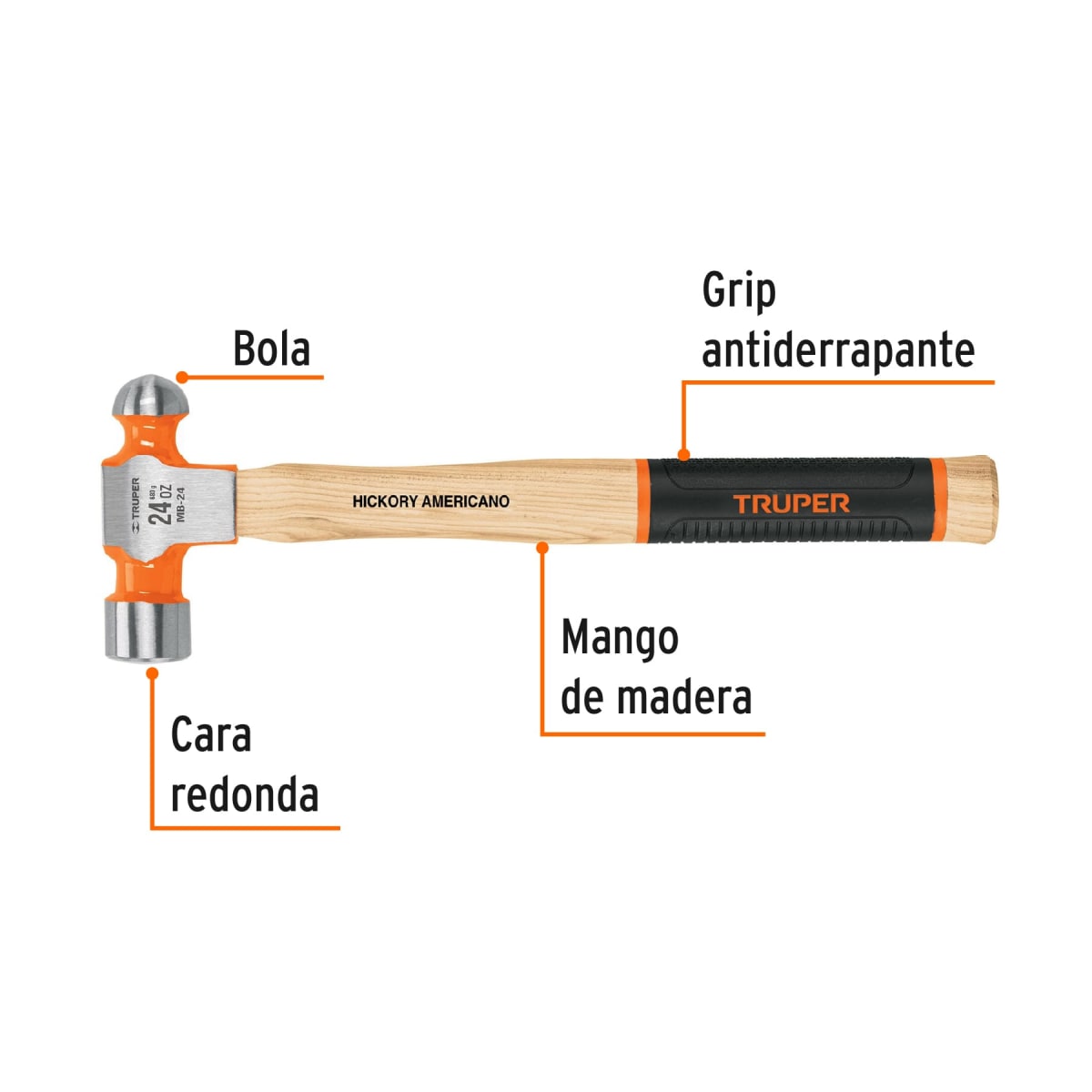 Martillo pulido de bola 24 oz mango hickory, Truper Grip2