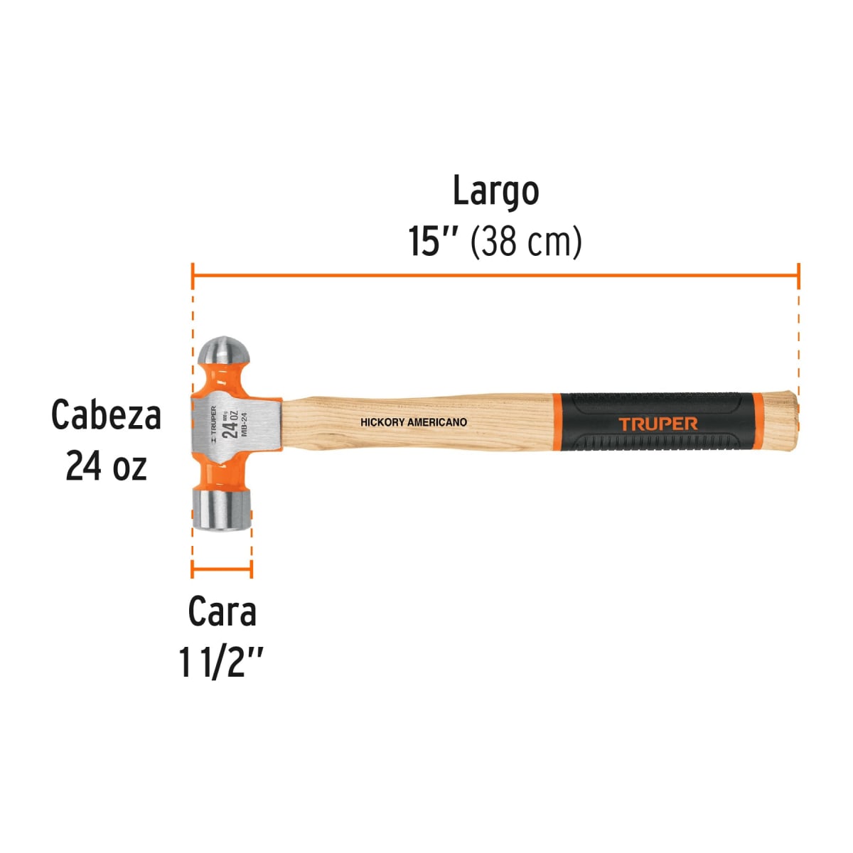 Martillo pulido de bola 24 oz mango hickory, Truper Grip3