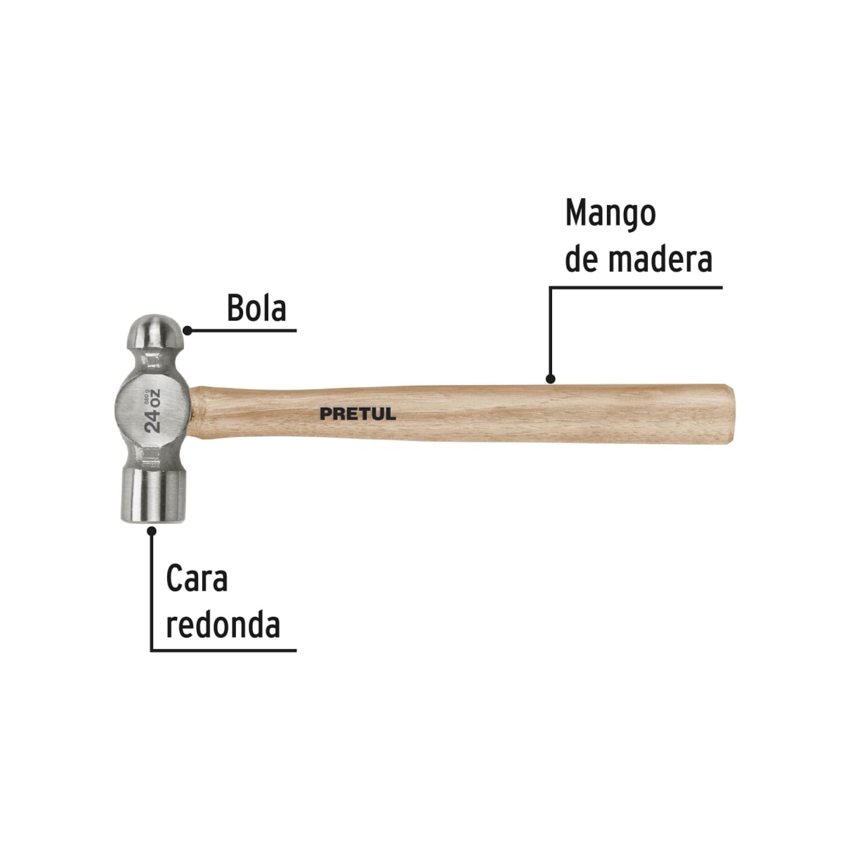 Martillo pulido de bola 24 oz mango madera, Pretul2