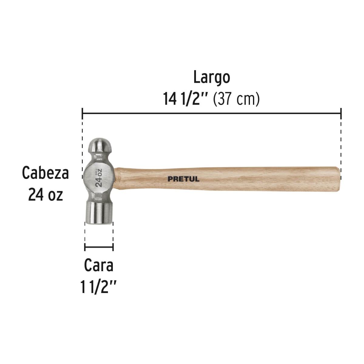 Martillo pulido de bola 24 oz mango madera, Pretul3