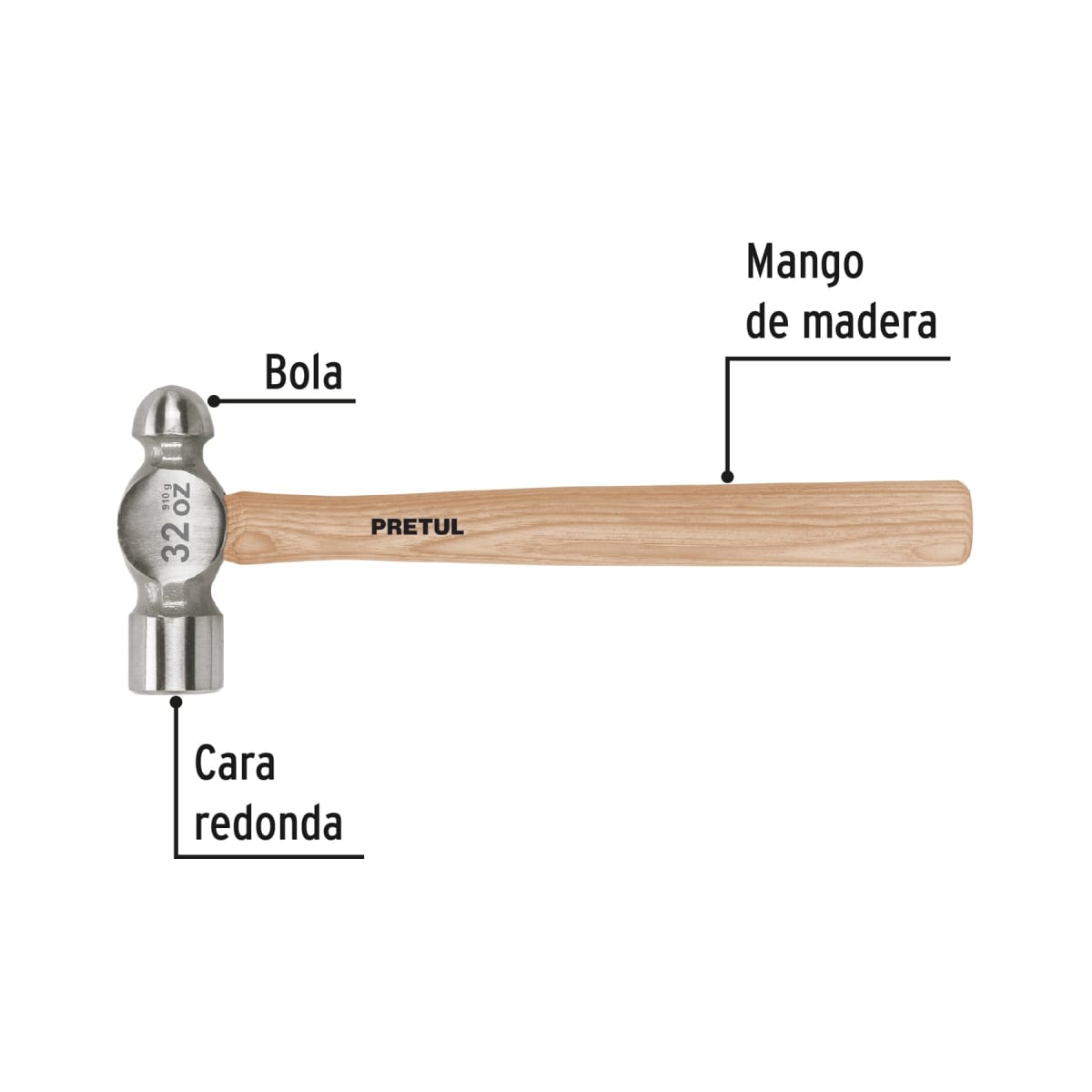 Martillo pulido de bola 32 oz mango madera Pretul2