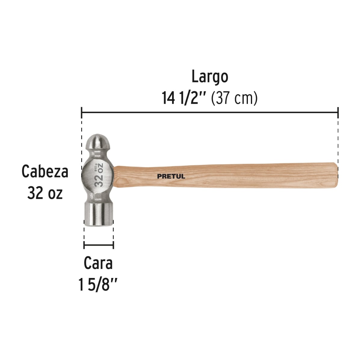 Martillo pulido de bola 32 oz mango madera Pretul3