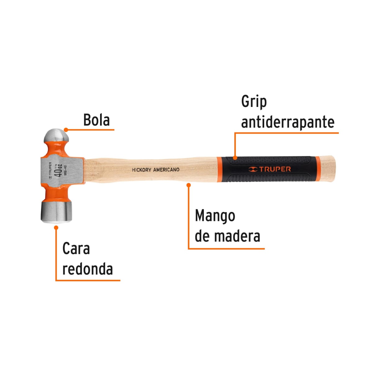 Martillo pulido de bola 40 oz mango hickory, Truper Grip2
