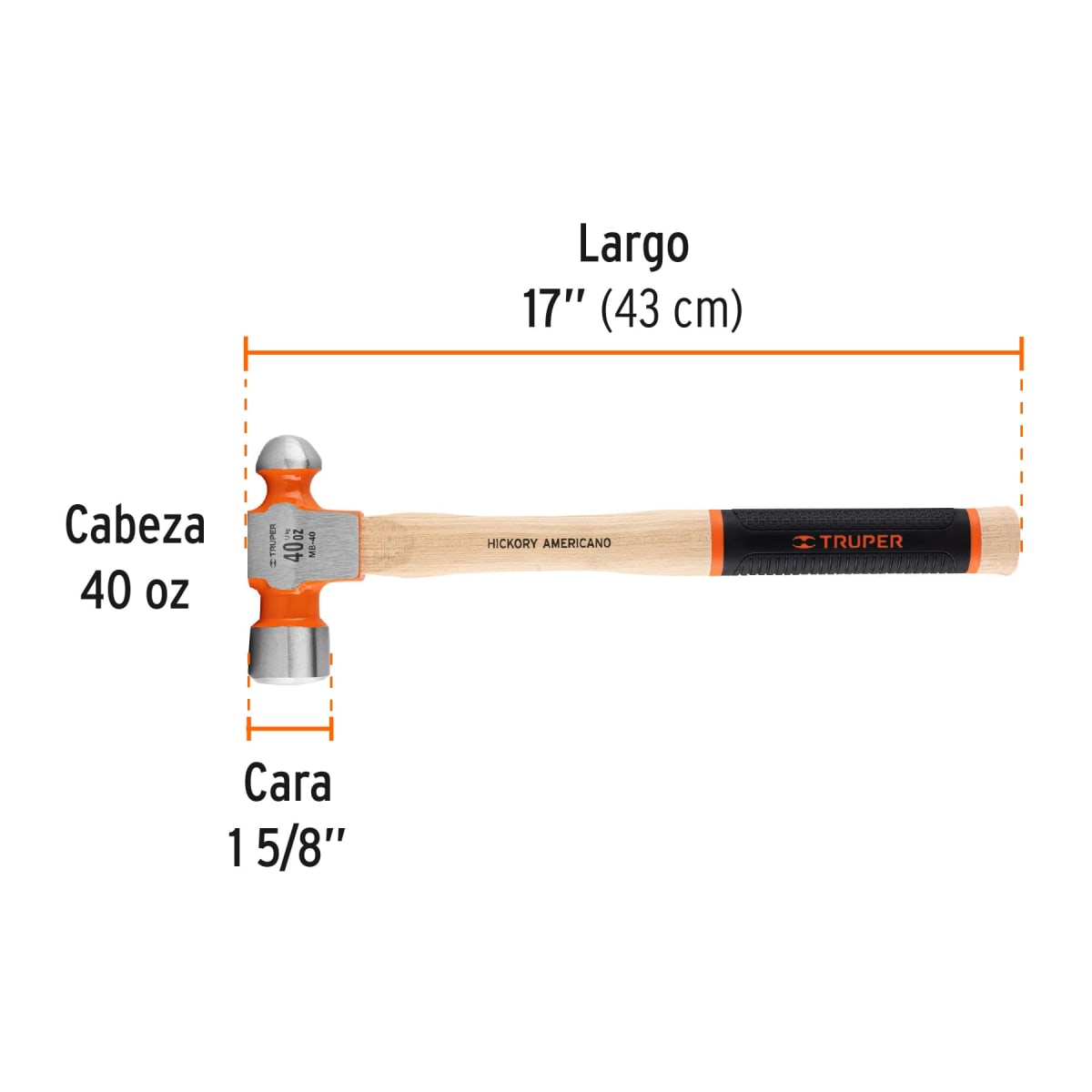 Martillo pulido de bola 40 oz mango hickory, Truper Grip3